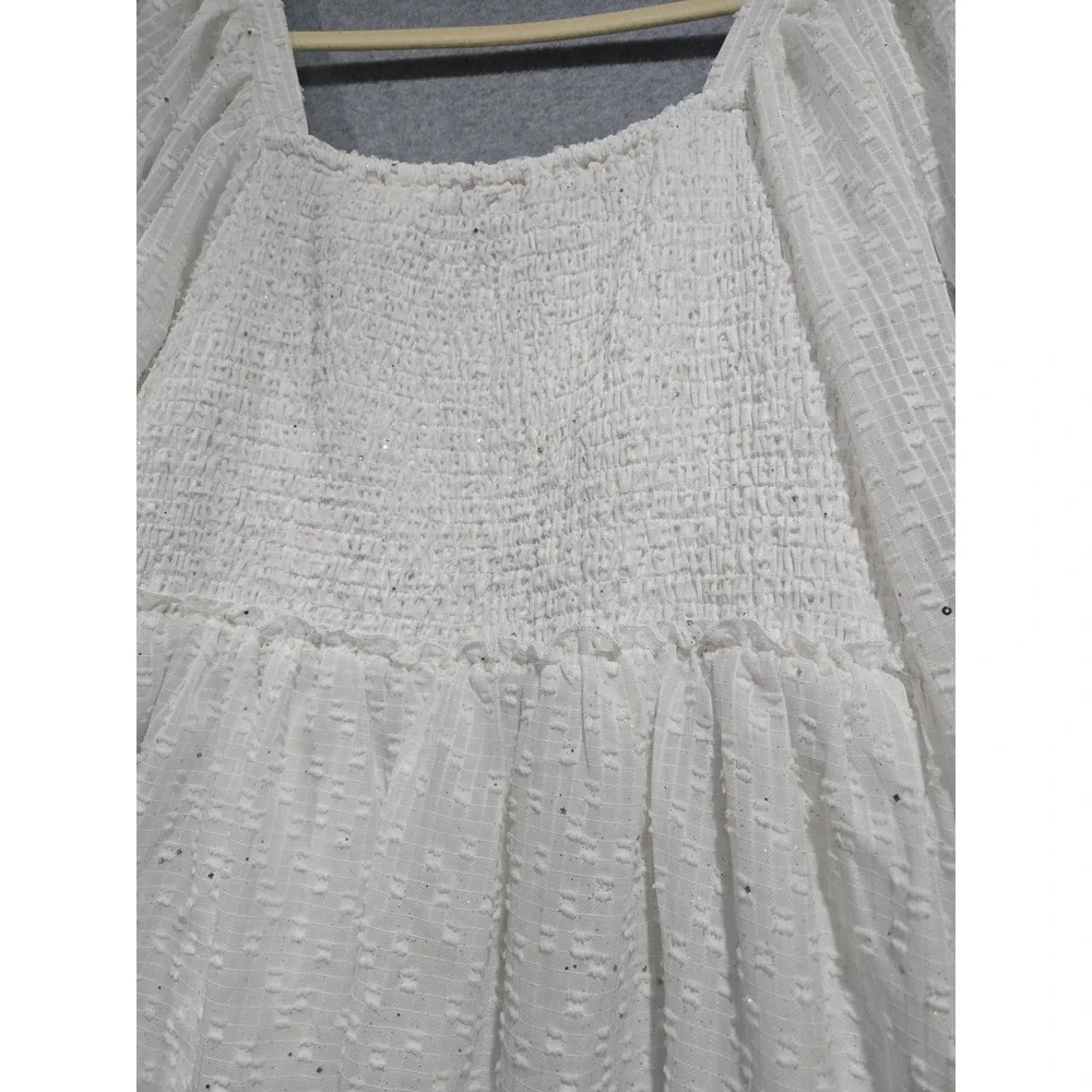Arula Womens White Smocked Mini Dress Plus Size B 2XL Glitter Star Puff Sleeve - Picture 4 of 8